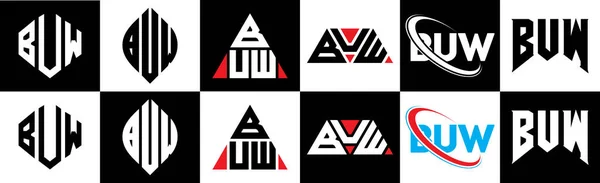 6つのスタイルでBuwの手紙のロゴデザイン Buw多角形 三角形 六角形 フラットと黒と白の色のバリエーション文字のロゴが1つのアートボードに設定されているシンプルなスタイル Buwミニマリストと古典的なロゴ — ストックベクタ