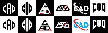 CAD harf logosu altı stili tasarlanmış. CAD çokgeni, çember, üçgen, altıgen, düz ve basit stil, siyah ve beyaz renk varyasyon harfi logosu bir sanat tahtasında. CAD minimalist ve klasik logo