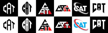Kedi harfi logosu altı stili tasarlanmış. Kedi çokgeni, çember, üçgen, altıgen, düz ve basit stil, siyah ve beyaz renk varyasyon harfi logosu bir sanat tahtasında. CAT minimalist ve klasik logo
