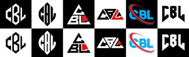 CBL harf logosu tasarımı altı stilde. CBL çokgeni, çember, üçgen, altıgen, düz ve basit stil siyah ve beyaz renk varyasyon harfi logosu bir sanat tahtasında. CBL minimalist ve klasik logo
