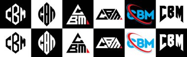CBM harf logosu tasarımı altı stilde. CBM çokgeni, çember, üçgen, altıgen, düz ve basit stil, siyah ve beyaz renk varyasyon harfi logosu bir sanat tahtasında. CBM minimalist ve klasik logo