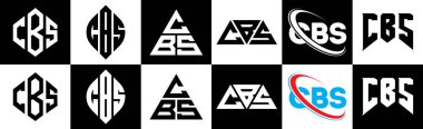 CBS harf logosu tasarımı. Altı stili. CBS çokgeni, çember, üçgen, altıgen, düz ve basit stil, siyah ve beyaz renk varyasyon harfi logosu bir sanat tahtasında. CBS minimalist ve klasik logo