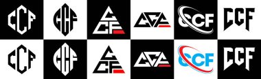 CCF harf logosu tasarımı. Altı stili. CCF çokgeni, çember, üçgen, altıgen, düz ve basit stil, siyah ve beyaz renk varyasyon harfi logosu bir sanat tahtasında. CCF minimalist ve klasik logo
