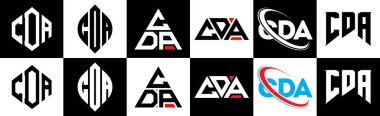 CDA harf logosu tasarımı, altı tarzda. CDA çokgeni, çember, üçgen, altıgen, düz ve basit stil, siyah ve beyaz renk varyasyon harfi logosu bir sanat tahtasında. CDA minimalist ve klasik logo