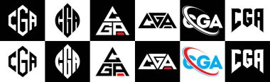 CGA harf logosu tasarımı altı stil. CGA çokgeni, çember, üçgen, altıgen, düz ve basit stil, siyah ve beyaz renk varyasyon harfi logosu bir sanat tahtasında. CGA minimalist ve klasik logo