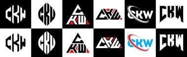 CKW harf logosu tasarımı altı stilde. CKW çokgeni, çember, üçgen, altıgen, düz ve basit stil, siyah ve beyaz renk varyasyon harfi logosu bir sanat tahtasında. CKW minimalist ve klasik logo