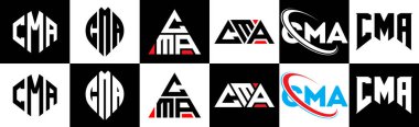 CMA harf logosu tasarımı, altı tarzda. CMA çokgeni, çember, üçgen, altıgen, düz ve basit stil, siyah ve beyaz renk varyasyon harfi logosu bir sanat tahtasında. CMA minimalist ve klasik logo