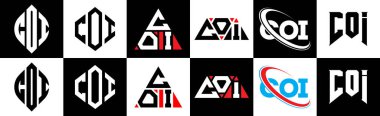 COI harf logosu tasarımı altı stil. COI çokgeni, çember, üçgen, altıgen, düz ve basit stil, siyah ve beyaz renk varyasyon harfi logosu bir sanat tahtasında. COI minimalist ve klasik logo