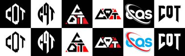 CQT harf logosu tasarımı altı stilde. CQT çokgeni, çember, üçgen, altıgen, düz ve basit stil, siyah ve beyaz renk varyasyon harfi logosu bir sanat tahtasında. CQT minimalist ve klasik logo