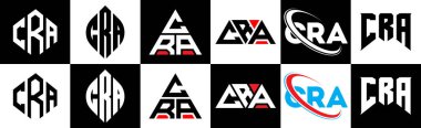 CRA harf logosu tasarımında altı stili var. CRA çokgeni, çember, üçgen, altıgen, düz ve basit stil, siyah ve beyaz renk varyasyon harfi logosu bir sanat tahtasında. CRA minimalist ve klasik logo