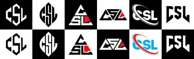 CSL harf logosu tasarımı altı stilde. CSL çokgeni, çember, üçgen, altıgen, düz ve basit stil siyah ve beyaz renk varyasyon harfi logosu bir sanat tahtasında. CSL minimalist ve klasik logo