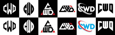 CWD harf logosu tasarımı altı stil. CWD çokgeni, çember, üçgen, altıgen, düz ve basit stil, siyah ve beyaz renk varyasyon harfi logosu bir sanat tahtasında. CWD minimalist ve klasik logo