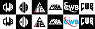 CWB harfli logo tasarımı. Altı stili. CWB çokgeni, çember, üçgen, altıgen, düz ve basit stil, siyah ve beyaz renk varyasyon harfi logosu bir sanat tahtasında. CWB minimalist ve klasik logo