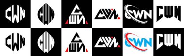 CWN harfli logo tasarımı. Altı stili. CWN çokgeni, çember, üçgen, altıgen, düz ve basit stil, siyah ve beyaz renk varyasyon harfi logosu bir sanat tahtasında. CWN minimalist ve klasik logo