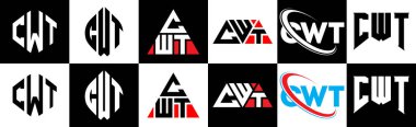 CWT harf logosu tasarımı, altı tarzda. CWT çokgeni, çember, üçgen, altıgen, düz ve basit stil, siyah ve beyaz renk varyasyon harfi logosu bir sanat tahtasında. CWT minimalist ve klasik logo