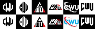 CWU harf logosu tasarımında altı stili var. İşlemci çokgeni, çember, üçgen, altıgen, düz ve basit stil, siyah ve beyaz renk varyasyon harfi logosu bir sanat tahtasında. CWU minimalist ve klasik logo