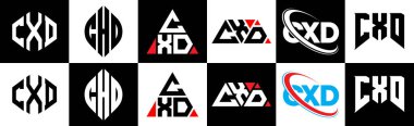 CXD harf logosu tasarımı altı stil. CXD çokgen, çember, üçgen, altıgen, düz ve basit stil siyah ve beyaz renk varyasyon harfi logosu bir sanat tahtasında. CXD minimalist ve klasik logo