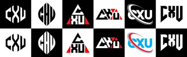 CXU harf logosu tasarımı altı stil. İşlemci çokgeni, çember, üçgen, altıgen, düz ve basit stil, siyah ve beyaz renk varyasyon harfi logosu bir sanat tahtasında. CXU minimalist ve klasik logo