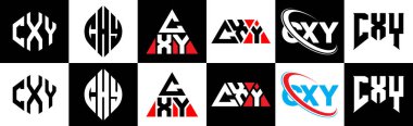 CXY harf logosu tasarımı altı stilde. CXY çokgeni, çember, üçgen, altıgen, düz ve basit stil siyah ve beyaz renk varyasyon harfi logosu bir sanat tahtasında. CXY minimalist ve klasik logo