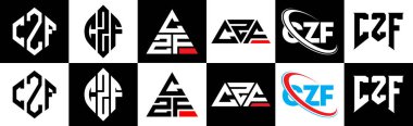 CZF harf logosu tasarımı, altı tarzda. CZF çokgeni, çember, üçgen, altıgen, düz ve basit stil siyah ve beyaz renk varyasyon harfi logosu bir sanat tahtasında. CZF minimalist ve klasik logo