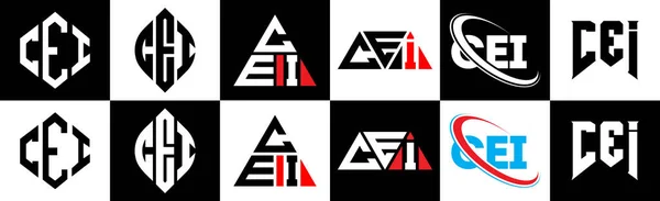 Cei字母标识设计有六种风格 Cei多边形 三角形 六边形 平面和简单的风格与黑白变化字母标识设置在一个艺术板 Cei简约和经典标志 — 图库矢量图片