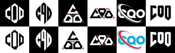 6つの様式のCqoの手紙のロゴの設計 1つのアートボードに黒と白の色のバリエーション文字のロゴが設定されているCqo多角形 三角形 六角形 フラットとシンプルなスタイル Cqoミニマリストとクラシックロゴ — ストックベクタ