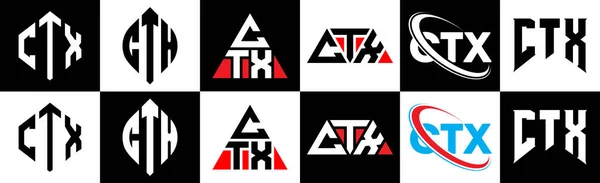Ctxレターロゴデザインは6スタイル Ctx多角形 三角形 六角形 フラットと黒と白の色のバリエーション文字のロゴが1つのアートボードに設定されているシンプルなスタイル Ctxミニマリストと古典的なロゴ — ストックベクタ