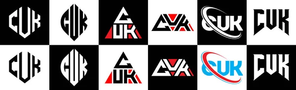 6つのスタイルで英国の手紙のロゴデザイン Cukポリゴン サークル 三角形 六角形 フラットと黒と白の色のバリエーション文字のロゴが1つのアートボードに設定されているシンプルなスタイル Cukミニマリストでクラシックなロゴ — ストックベクタ