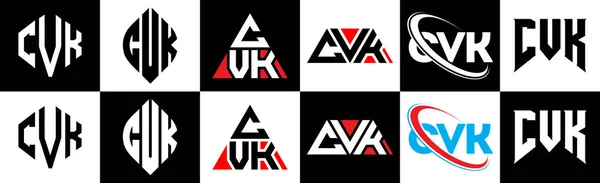 Cvkレターロゴデザイン6スタイル Cvkポリゴン 三角形 六角形 フラットと黒と白の色のバリエーション文字のロゴが1つのアートボードに設定されているシンプルなスタイル Cvkミニマリストとクラシックロゴ — ストックベクタ