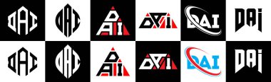 DAI harf logosu tasarımı altı stil. DAI çokgeni, çember, üçgen, altıgen, düz ve basit stil siyah ve beyaz renk varyasyon harfi logosu bir sanat tahtasında. DAI minimalist ve klasik logo