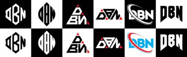 DBN harf logosu tasarımı altı stil. DBN çokgeni, çember, üçgen, altıgen, düz ve basit stil siyah ve beyaz renk varyasyon harfi logosu bir sanat tahtasında. DBN minimalist ve klasik logo