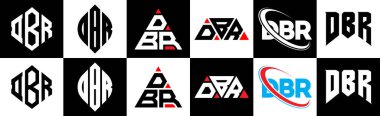 DBR harf logosu tasarımı altı stil. DBR çokgeni, çember, üçgen, altıgen, düz ve basit stil siyah ve beyaz renk varyasyon harfi logosu bir sanat tahtasında. DBR minimalist ve klasik logo