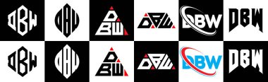 Altı stili DBW harf logosu tasarımı. DBW çokgen, çember, üçgen, altıgen, düz ve basit stil siyah ve beyaz renk varyasyon harfi logosu bir sanat tahtasında. DBW minimalist ve klasik logo