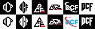 DCF harf logosu tasarımı altı stil. DCF çokgeni, çember, üçgen, altıgen, düz ve basit stil siyah ve beyaz renk varyasyon harfi logosu bir sanat tahtasında. DCF minimalist ve klasik logo
