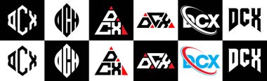 DCX harfli logo tasarımı. Altı stili. DCX çokgeni, çember, üçgen, altıgen, düz ve basit stil siyah ve beyaz renk varyasyon harfi logosu bir sanat tahtasında. DCX minimalist ve klasik logo