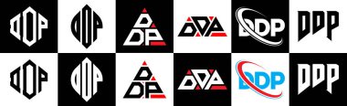 DDP harf logosu tasarımı altı stil. DDP çokgeni, çember, üçgen, altıgen, düz ve basit stil, siyah ve beyaz renk varyasyon harfi logosu bir sanat tahtasında. DDP minimalist ve klasik logo