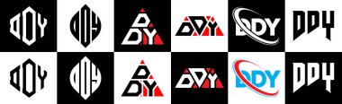 DDY harfli logo tasarımı. Altı stili. DDY çokgen, çember, üçgen, altıgen, düz ve basit stil, siyah ve beyaz renk varyasyon harfi logosu bir sanat tahtasında. DDY minimalist ve klasik logo