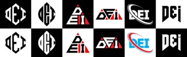 DEI harf logosu tasarımı altı stil. DEI çokgeni, çember, üçgen, altıgen, düz ve basit stil, siyah ve beyaz renk varyasyon harfi logosu bir sanat tahtasında. DEI minimalist ve klasik logo