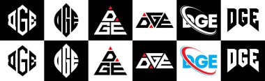 DGE harf logosu tasarımı, altı tarzda. DGE çokgeni, çember, üçgen, altıgen, düz ve basit stil, siyah ve beyaz renk varyasyon harfi logosu bir sanat tahtasında. DGE minimalist ve klasik logo