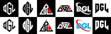 DGL harf logosu tasarımı altı stil. DGL çokgeni, çember, üçgen, altıgen, düz ve basit stil siyah ve beyaz renk varyasyon harfi logosu bir sanat tahtasında. DGL minimalist ve klasik logo