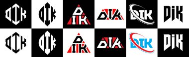 DIK harf logosu tasarımı altı stil. DIK çokgeni, çember, üçgen, altıgen, düz ve basit stil, siyah ve beyaz renk varyasyon harfi logosu bir sanat tahtasında. DIK minimalist ve klasik logo