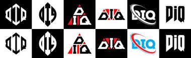 DIQ harf logosu tasarımı altı stil. DIQ çokgeni, çember, üçgen, altıgen, düz ve basit stil, siyah ve beyaz varyasyon harf logosu bir sanat tahtasında. DIQ minimalist ve klasik logo