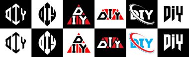 DIY harf logosu tasarımı altı stil. DIY çokgeni, çember, üçgen, altıgen, düz ve basit stil siyah ve beyaz renk varyasyon harfi logosu bir sanat tahtasında. DIY minimalist ve klasik logo