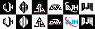 DJH harf logosu tasarımı altı stil. DJH çokgeni, çember, üçgen, altıgen, düz ve basit stil siyah ve beyaz renk varyasyon harfi logosu bir sanat tahtasında. DJH minimalist ve klasik logo