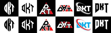 DKT harf logosu tasarımı altı stil. DKT çokgeni, çember, üçgen, altıgen, düz ve basit stil siyah ve beyaz renk varyasyon harfi logosu bir sanat tahtasında. DKT minimalist ve klasik logo