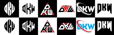 DKW harfli logo tasarımı. Altı stili. DKW çokgen, çember, üçgen, altıgen, düz ve basit stil siyah ve beyaz renk varyasyon harfi logosu bir sanat tahtasında. DKW minimalist ve klasik logo