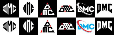 DMC harf logosu tasarımı altı stil. DMC çokgeni, çember, üçgen, altıgen, düz ve basit stil siyah ve beyaz renk varyasyon harfi logosu bir sanat tahtasında. DMC minimalist ve klasik logo