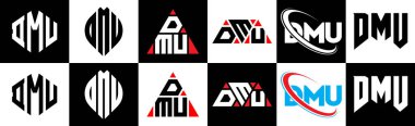 DMU harf logosu tasarımı. Altı stili. DMU çokgeni, çember, üçgen, altıgen, düz ve basit stil siyah ve beyaz renk varyasyon harfi logosu bir sanat tahtasında. DMU minimalist ve klasik logo