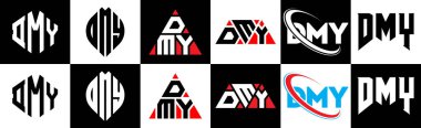 DMY mektup logosu tasarımı. Altı stili. DMY çokgeni, çember, üçgen, altıgen, düz ve basit stil, siyah ve beyaz renk varyasyon harfi logosu bir sanat tahtasında. DMY minimalist ve klasik logo