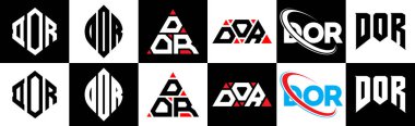 DOR harf logosu tasarımı altı stil. DOR çokgeni, çember, üçgen, altıgen, düz ve basit stil, siyah ve beyaz renk varyasyon harfi logosu bir sanat tahtasında. DOR minimalist ve klasik logo